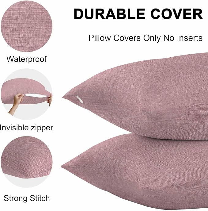 Vandarllin Outdoor Throw Pillows Covers 18x18 inch Set of 2 Waterproof Pink Linen Decorative Zippered Cushion Covers for Patio Furniture, Farmhouse Pure Color Lumbar Pillowcases