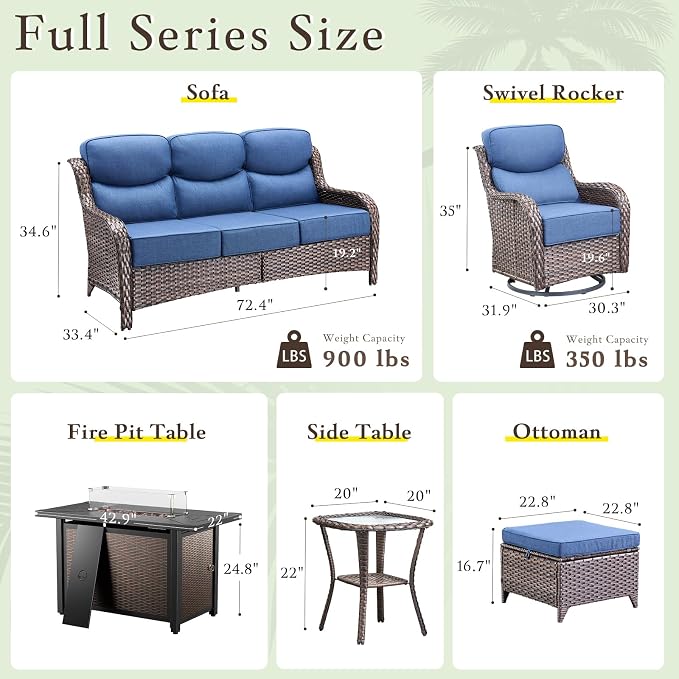 Luxury High Back Outdoor Furniture with 6-inch Extra Thick Cushions, Patio Furniture Set with Fire Pit Table & Swivel Chairs, 4 PCS Wicker Conversation Set for Yard, Deck, Poolside, Brown/Blue