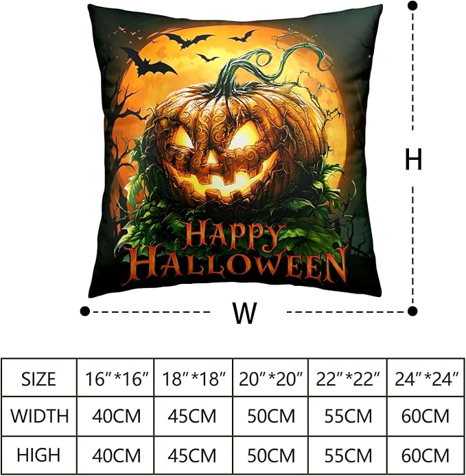Spooky Pumpkin Pillow Covers Jack-O'-Lantern Outdoor Pillowcases Halloween Throw Pillow Covers 24x24 Set of 2 Moon Bat Cotton Blend Cushion Cases for Living Room Sofa Couch