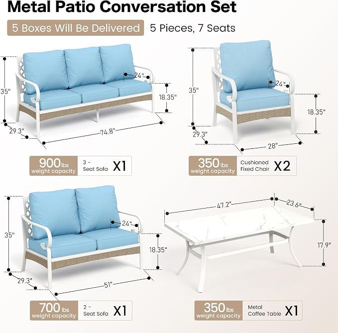 SUNSHINE VALLEY 6 Piece Metal Outdoor Patio Furniture Set, Patio Conversation Sets 3-Seater Sofa, 2 Fixed Chair, 2 Swivel Chair with 5.75" Thick Cushion & Coffee Table White Backyard Furniture, Blue