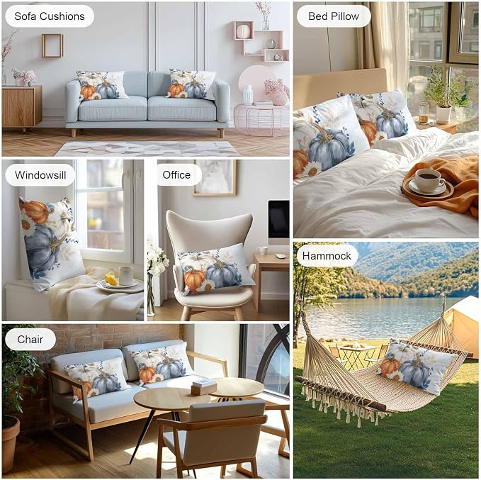 Fall Outdoor Throw Pillows Covers 20x12 inch Set of 2 Waterproof Blue White Pumpkin Zippered Cushion Covers for Patio Furniture, Autumn Eucalyptus Leaf Floral Thanksgiving Lumbar Pillowcases