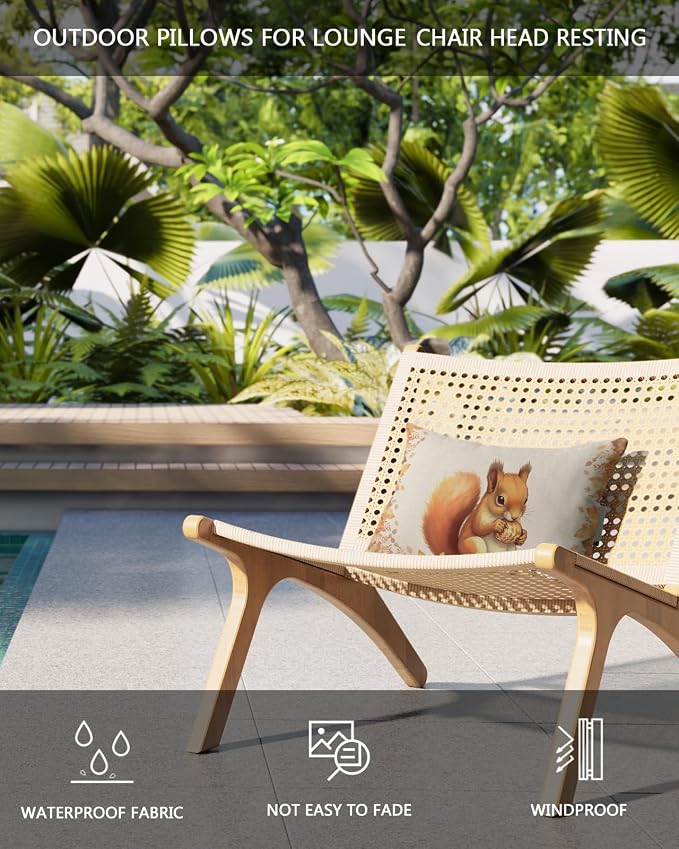 Outdoor Pillows Covers with Inserts Fall Thanksgiving Cute Squirrel with Maple Leaves Waterproof Pillow with Adjustable Strap Throw Pillows for Patio Furniture Recliner Lounge Chair, 12x20 inch, 2PCS