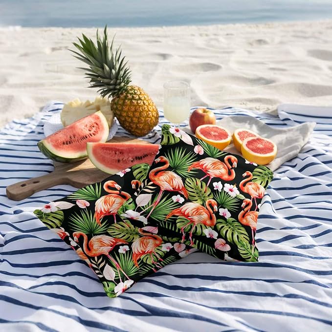 Pink Flamingos Outdoor Pillow Covers 24"x24" Set of 2, Green Tropical Leaf Hibiscus Flower Botanical Waterproof Throw Pillow Covers for Patio Furniture, Decorative Cushion Covers for Porch