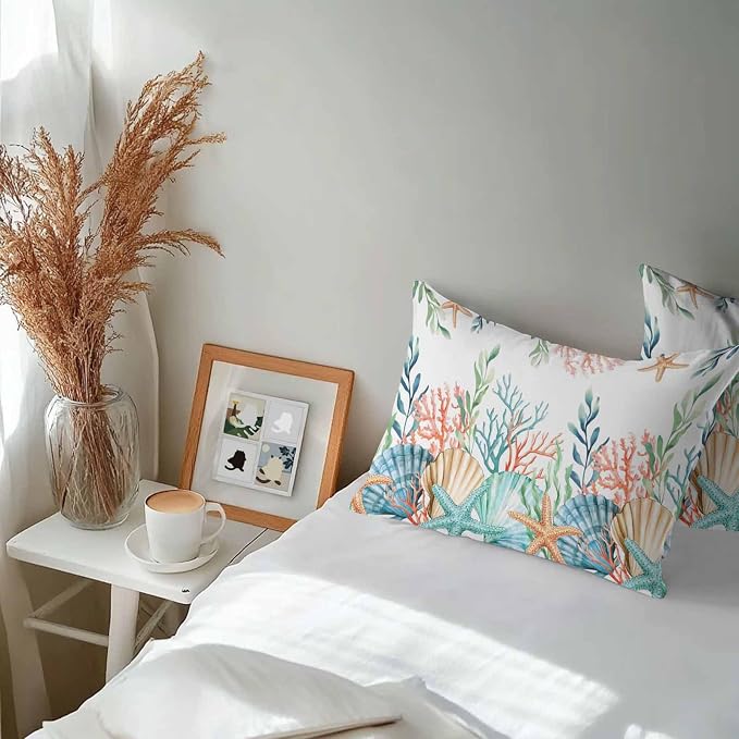 Lumbar Pillow Covers 20x12 Inch Set of 2, Marine Life Waterproof Outdoor Pillow Covers, Nautical Underwater Coral Shell Starfish Watercolor Decorative Cushion Pillowcases for Couch, Sofa, Bed, Patio