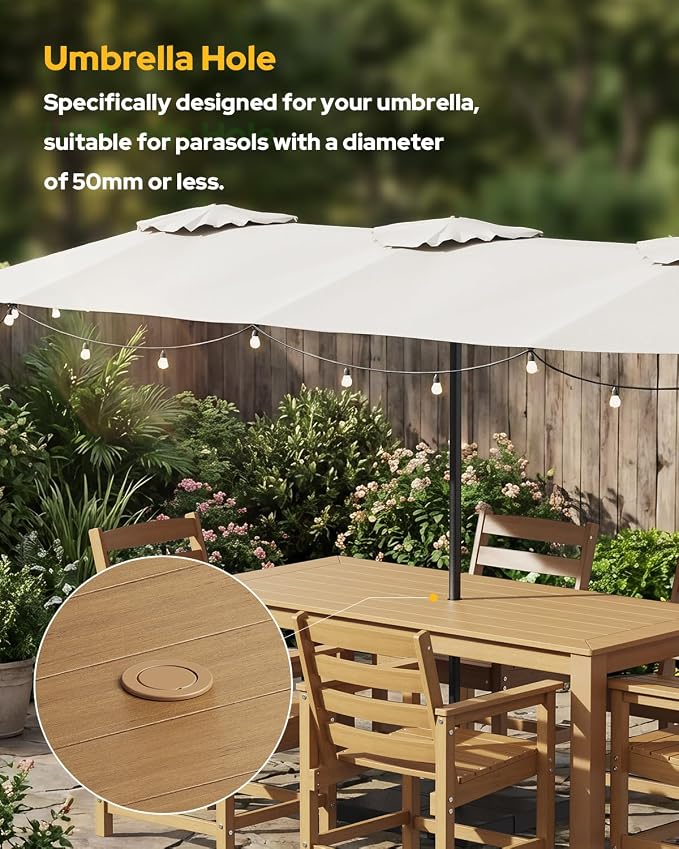 Outdoor HDPE Dining Table Set 7-Piece, All-Weather Outdoor Table and Chairs with Umbrella Hole Cut-Out, Patio Furniture for Garden, Backyard, Deck (Teak)