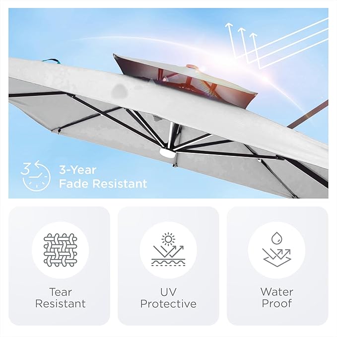 9' X 12' Patio Umbrella with Weighted Base and LED Lights Outdoor Cantilever Large Rectangle Offset Umbrellas Heavy Duty Aluminum Double Top with 360-degree Rotation for Pool Garden Deck, Fog Grey