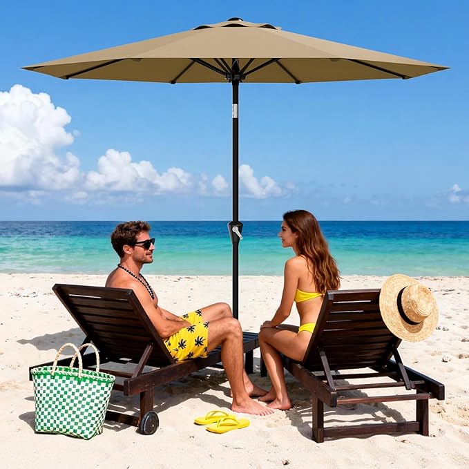 IDEALHOUSE 10FT Outdoor Patio Umbrella, UV Resistant Outdoor Table Parasol, Push Button Tilt & Crank Lift, 8 Fiberglass Ribs, Heavy Duty Canopy, Large Sunshade for Deck Yard Pool Cafe