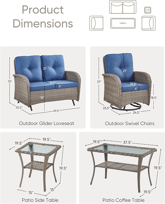5 Pieces Patio Furniture Set-Outdoor Rocking Chairs Set of 2 Outdoor Glider Bench with Wicker Outdoor Coffee Table for Deck Lawn Porch Balcony Poolside-Grey/Blue