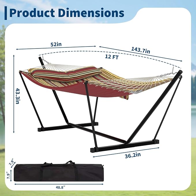 GarveeHome Portable 2 Person Double Hammock with Sturdy Heavy-Duty Steel Stand – 450LBS Max Load, Quick & Effortless Assembly, Perfect for Indoor Living, Yard, Patio & Camping Trips