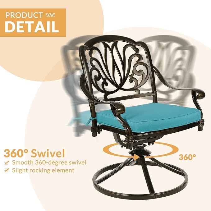 7-Piece Outdoor Patio Dining Set, 60” Rectangular Cast Aluminum Dining Table with Umbrella Hole and 6 Cushioned Swivel Rocker Chairs, Patio Funiture Set for Backyard, Patio, Garden, Blue