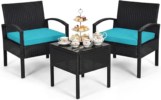 Tangkula 3 Pieces Patio Wicker Conversation Set, Outdoor Rattan Furniture with Washable Thick Cushion & Coffee Table w/Storage Space, Patio Furniture Set for Backyard Porch Garden Poolside (Turquoise)