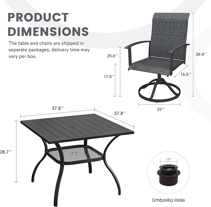5 Pieces Outdoor Patio Dining Set, 37.8" All Weather Square Metal Table with Umbrella Hole and Storage Shelf, 4 High Back Textilene Swivel Chairs for Garden, Lawn, Black
