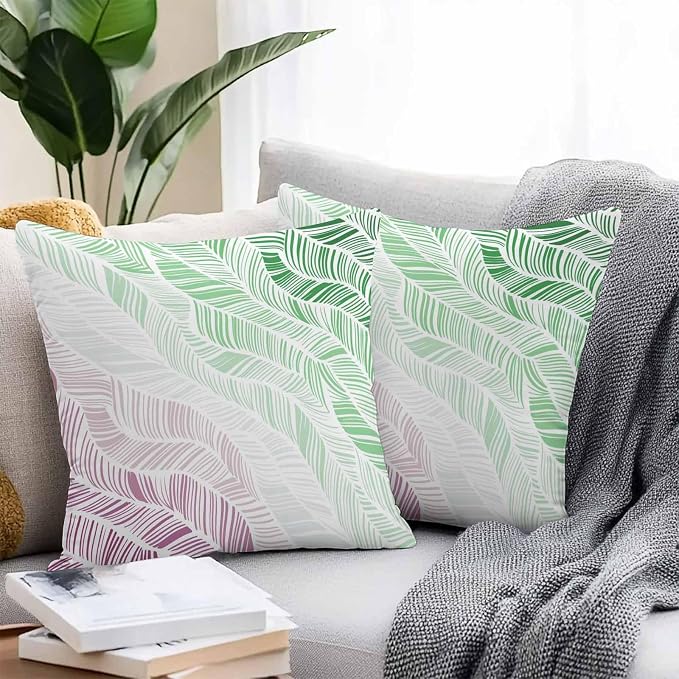 Vandarllin Outdoor Throw Pillows Covers 18x18 inch Set of 2 Waterproof Summer Beach Decorative Zippered Cushion Covers for Patio Furniture, Ombre Green Abstract Leaf Lines Lumbar Pillowcases