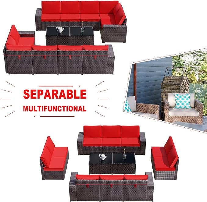 Kullavik Outdoor Patio Furniture Set 12 Pieces Sectional Rattan Sofa Set Brown PE Rattan Wicker Patio Conversation Set with 10 Red Seat Cushions and 2 Tempered Glass Table