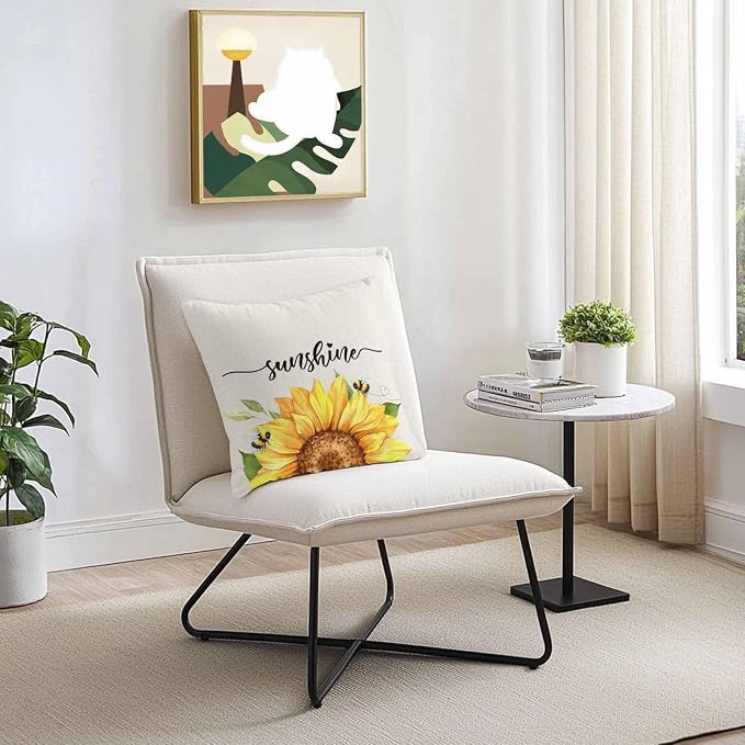 Vintage Yellow Sunflower Bee Outdoor Throw Pillow Covers Set of 2,Decorative Waterproof Pillowcase, Rustic Botanical on Linen Cushion Case for Patio Garden Couch Sofa Tent Bed 16x16 Inches