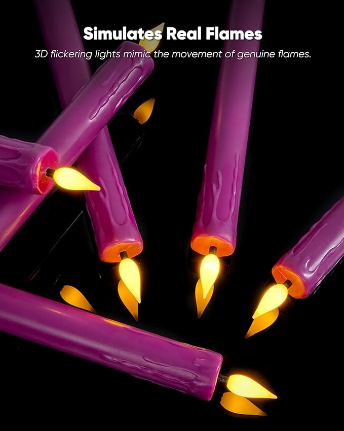 Homemory 6 Pcs Real Wax Purple Flameless Taper Candles with Remote Timer, 9.6 Inches LED Fake Candlesticks, LED Candle with 3D Flickering Flame for Romantic Wedding, Dinner, Xmas Anniversary Decor
