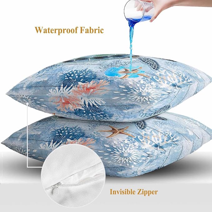 Green Sea Turtle Outdoor Waterproof Throw Pillow Covers Set of 2, 18"x18", Ocean Coral Starfish Vintage Blue Plank Decorative Pillow Covers Outside Cushion Case for Patio Porch Garden