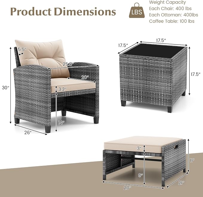 COSTWAY 5-Piece Rattan Conversation Set, Outdoor Wicker Sofa, Tempered Glass Coffee Table & Ottomans for Small Space, Boho Chic Indoor/Outdoor Furniture Set for Poolside, Backyard, Deck (Beige)