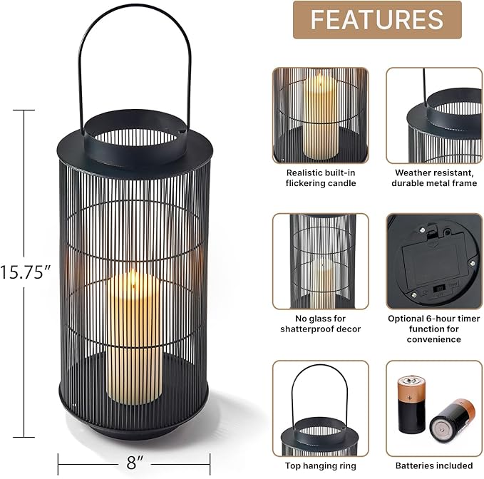 LampLust Outdoor Lanterns Decorative Spring Patio Decor, 16 Inch Black Metal Candle Lanterns, Battery Operated LED with Timer, Front Porch, Spring Outdoor Decorations, Modern Farmhouse Decor