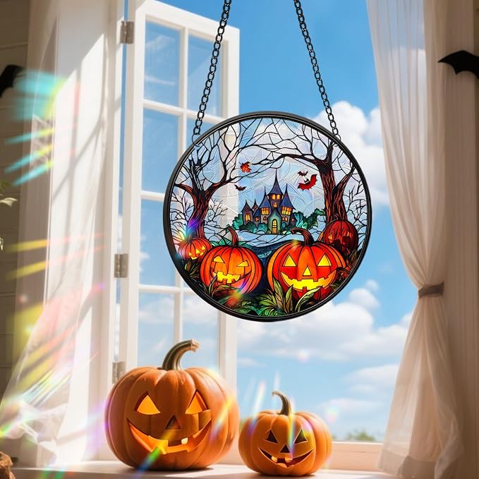 Acrylic Halloween Sun Catcher - 7.87 Inch Pumpkin Round Suncatcher for Window Hanging Decoration - Creates Indoor Rainbows Light Refraction - Spooky Ghost, Witch, Pumpkin Design