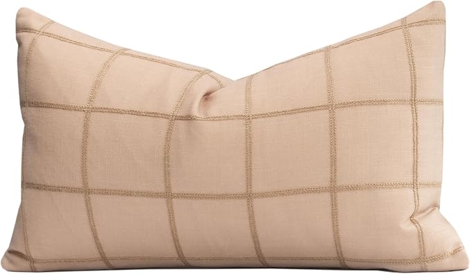 Modern Farmhouse Fall Linen Indoor Outdoor Lumbar Pillow Cover Only, 12"x20" Water Repellent for Patio, Backyard, Couch, Ivory Cream Plaid