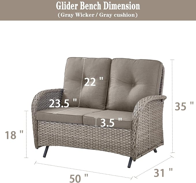 Belord Outdoor Glider Bench Patio Loveseat - 500 Lbs Weight Capacity 2 Seater Wicker Sofa, Small Porch Glider Furniture All Weather Rattan Couch with Removble Cushion for Deck Balcony Backyard Gray