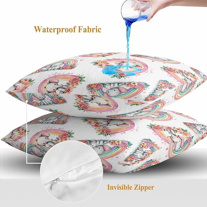 Yukro Rainbow Elephant Outdoor Waterproof Pillow Covers Pack of 2, Pink Red Flower Love Watercolor Animal Throw Pillowcases Decorative Cushion Covers for Garden Patio Tent Sofa Couch, 24x24 inch