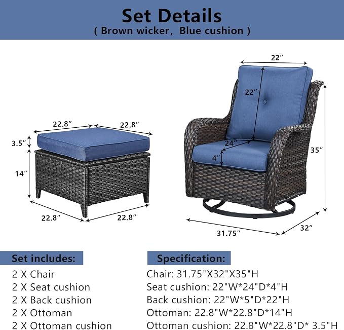 Belord Outdoor Swivel Chairs Set of 2,Patio Wicker Rocker Chairs with Ottomans, All Weather Patio Conversation Furniture Set, Ideal for Porch Balcony Deck Yard, Brown Wicker/Blue