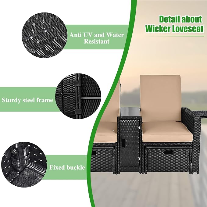 Patio Wicker Loveseat - Outdoor Rattan Sofa Set with Cushion - Adjustable Lounge Chair with Ottoman Footrest, Wicker Furniture for Garden, Patio, Balcony, Beach, Coffee Bar, Deck