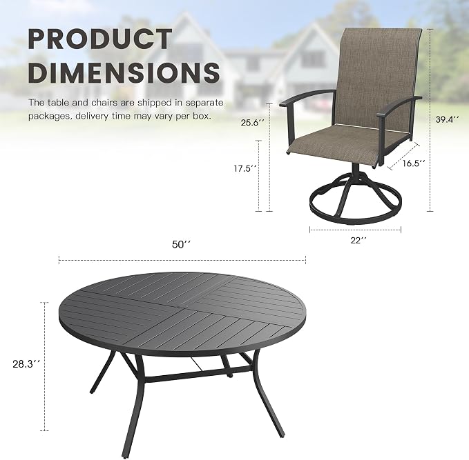 7 Pieces Round Outdoor Table and Chairs Set, Patio Dining Set with 50" Round Spliced Outdoor Table and Patio Swivel Chairs for Backyard Lawn Garden, Black Table and Mixed Brown Chairs