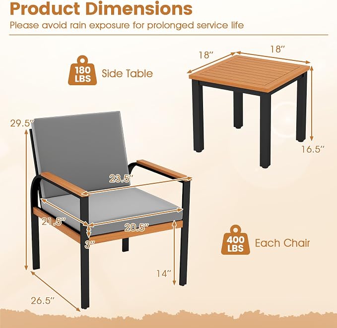 Tangkula 3 Pieces Patio Furniture Set, Outdoor Cushioned Conversation Chairs Set with Acacia Wood Side Table, for Porch, Balcony and Garden