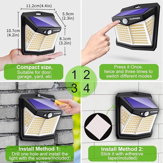 CLAONER Solar Lights Outdoor, [128 LED/12 Packs] Motion Sensor Lights 3 Working Modes for Outdoor with 270° Wide Angle Wireless IP65 Waterproof Security Light for Fence, Patio, Warm White