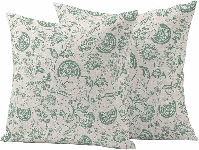 Outdoor Pillow Covers 20x20 Set of 2, Green Spring Floral Waterproof Patio Throw Pillow Covers for Couch Sofa Chair, Summer Botanical Vintage Farmhouse Decorative Pillowcases for Throw Pillows