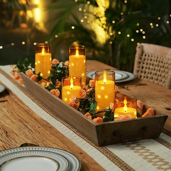 Homemory 9 Pcs Flameless Candles with Embedded Star String Fairy Lights, Battery Operated Candles, LED Candle, Fake Candles with Remote Control and Timer (Gold)