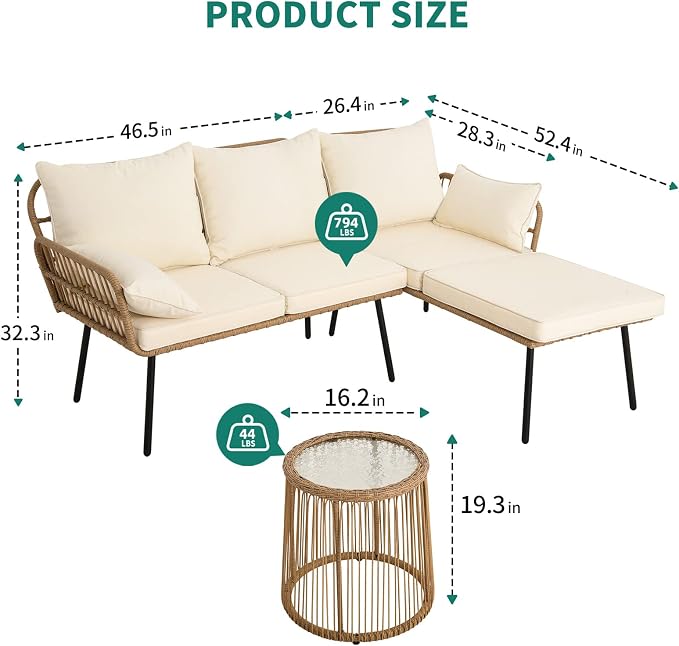 YITAHOME Rope Woven Sectional L-Shaped Sofa, 3 Pieces Patio Furniture Set for Patio Backyard Poolside, Wicker Conversation Set with Cushions, Detachable Lounger, Side Table - Beige