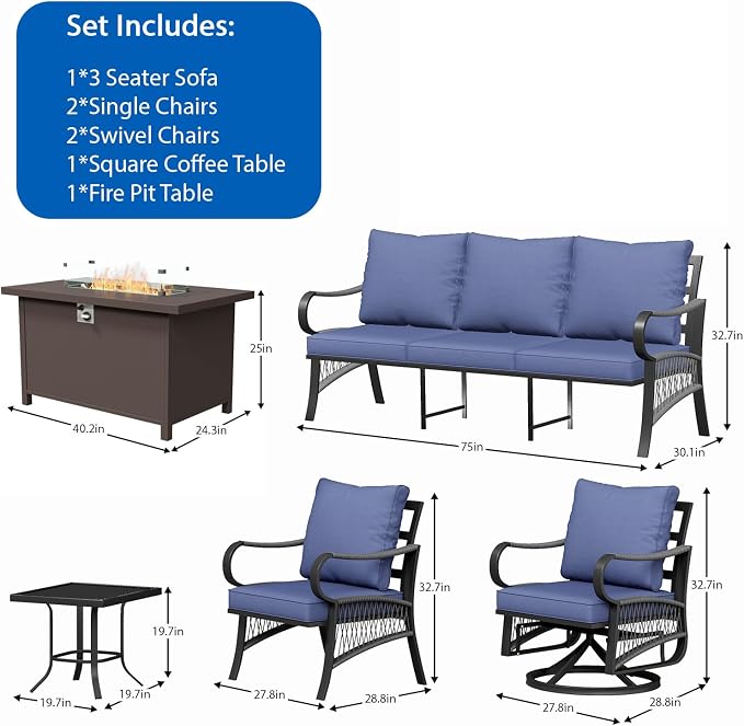 7 Piece Patio Furniture Set, All Weather Metal Outdoor Conversation Set with 50000 BTU Propane Fire Pit Table and 5" Thick Cushions, Sectional Sofa for Garden, Porch, Lawn, Blue