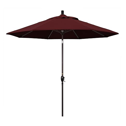 California Umbrella 9' Round Aluminum Patio Umbrella, Crank Lift, Push Button Tilt, Bronze Pole, 4-year Non-fading fabric, Burgundy