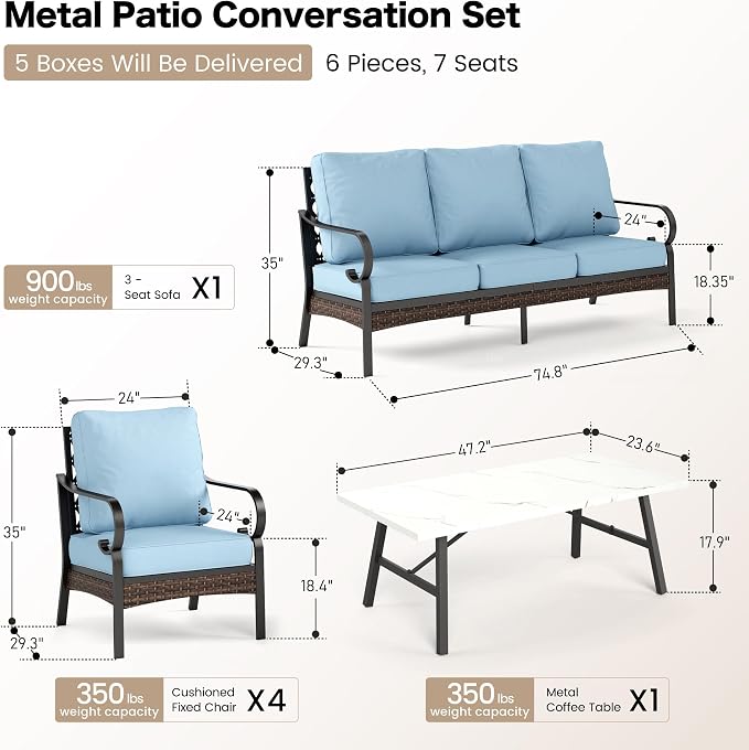 SUNSHINE VALLEY 6 Piece Metal Outdoor Patio Furniture Sets, Patio Conversation Sets 1 3-Seater Sofa, 4 Single Sofa with 5.75" Extra Thick Cushion & Coffee Table, Black Frame Backyard Furniture, Blue