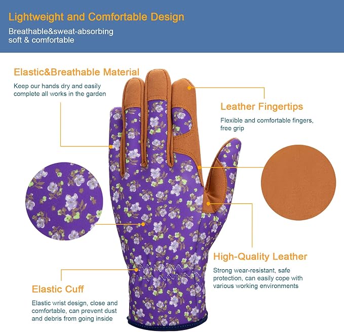 Bamllum Gardening Gloves for Women, Leather Garden Gloves | Breathable Garden Gloves with a Padded Palm, Flexible Fit and Elastic Wrist for Weeding, Digging, Planting and Pruning