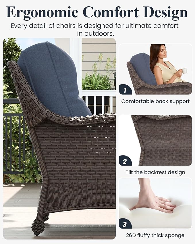 LayinSun 7 Piece Wicker Outdoor Furniture Set with 6-inch Comfy Cushions, High Back Patio Furniture Set with Rattan Armchairs and Fire Pit Table
