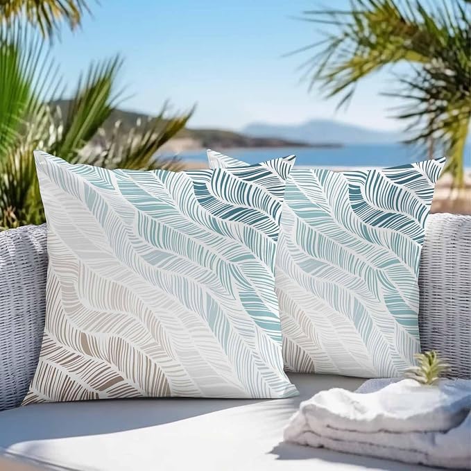 Vandarllin Outdoor Throw Pillows Covers 16x16 inch Set of 2 Waterproof Summer Beach Decorative Zippered Cushion Covers for Patio Furniture, Ombre Blue Abstract Leaf Lines Lumbar Pillowcases