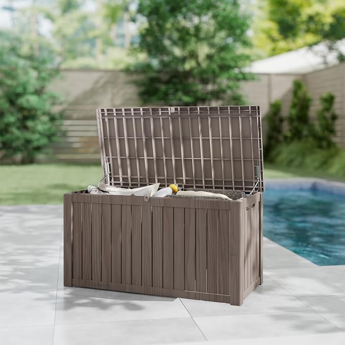 180 Gallon Deck Boxes Outdoor Waterproof, Outdoor Storage Box with Lockable Lid & UV-Resistant for Patio Furniture, Outdoor Cushions, Garden Tools and Pool Supplies, Light Brown