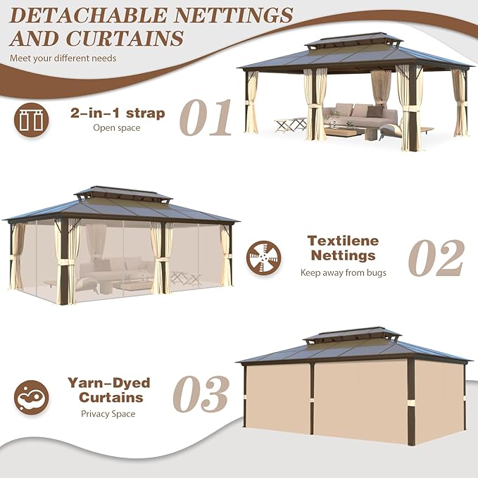 EROMMY 12'x20' Gazebo Polycarbonate Double Roof Canopy Outdoor Aluminum Frame Pergolas with Netting and Curtains for Garden Patio Lawns Parties