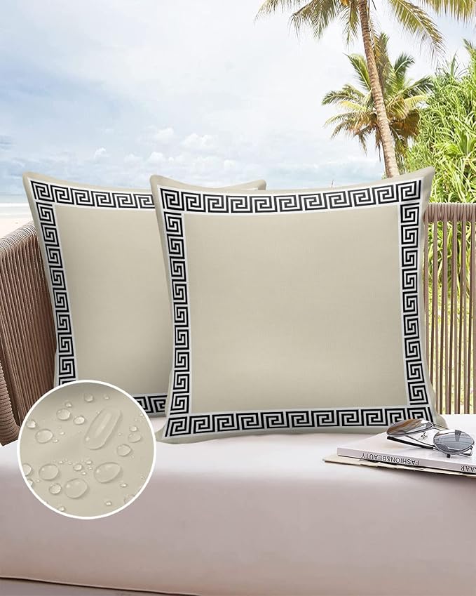 Prime Leader Outdoor Waterproof Pillow Covers Set of 2, Chinese Style Pattern Khaki Background Patio Throw Pillow Covers, Decorative Cushion Case for Couch Sofa Furniture Garden, 24x24 Inch