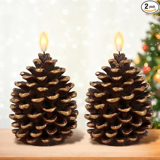 DRomance Flameless Pinecone Candles Battery Operated with 6 Hour Timer Set of 2 Real Brown Wax 3D Wick LED Flickering Pillar Candles Christmas Holiday Decor(Gold, 3.5 x 6 Inch)