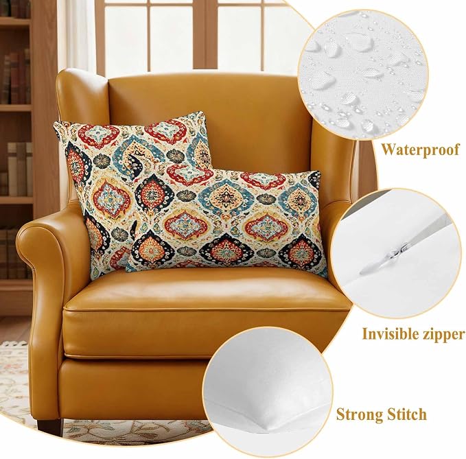 Bohemian Floral Outdoor Pillow Covers 26"x26" Set of 2, Abstract Moroccan Ethic Tribal Colored Floral Waterproof Throw Pillow Covers for Patio Furniture, Decorative Cushion Covers for Porch