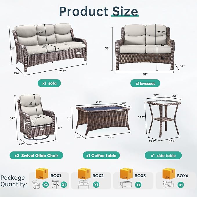 Outdoor Swivel Rocker Patio Chairs Set of 9 with 5" Thick Cushions ,9 Piece Furniture Set with Fire Pit Table All Weather Wicker Conversation Set for Porch Deck - Brown Wicker | Beige Cushions
