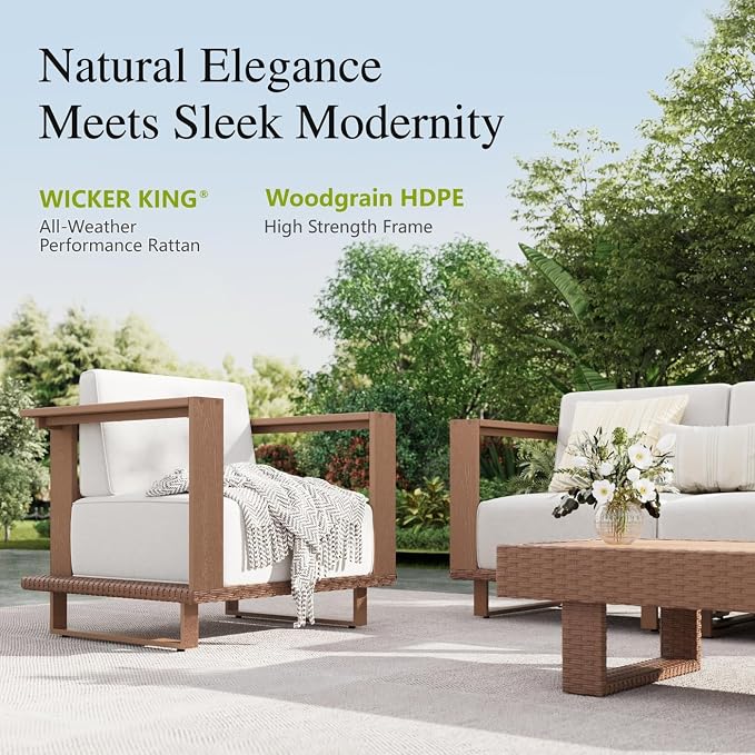 Sophia & William HDPE Patio Furniture Set，Modern Patio Sectional Sofa Set with 9.8" Cushions and High Back, L Shape Deep Seating Outdoor Conversation Set for Porch, Backyard(Beige, 6 Pieces)