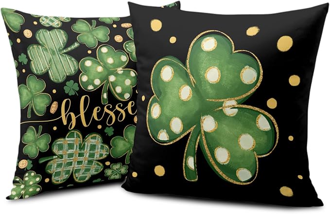 2 Pack St Patricks Day Pillow Covers Lucky Blessed Decorative Pillow Cases 22x22 Gold Coin Shamrock Clover Cushion Cases Saint Patricks Day Decorations for Home Sofa Couch