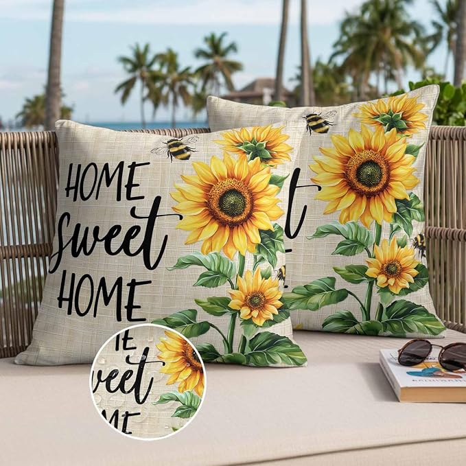 Throw Pillow Covers 18x18 Inch Set of 2, Spring Sunflowers Waterproof Outdoor Pillow Covers, Bee Beige Farm Country Rustic Decorative Cushion Pillowcases for Couch, Sofa, Bed, Garden, Patio